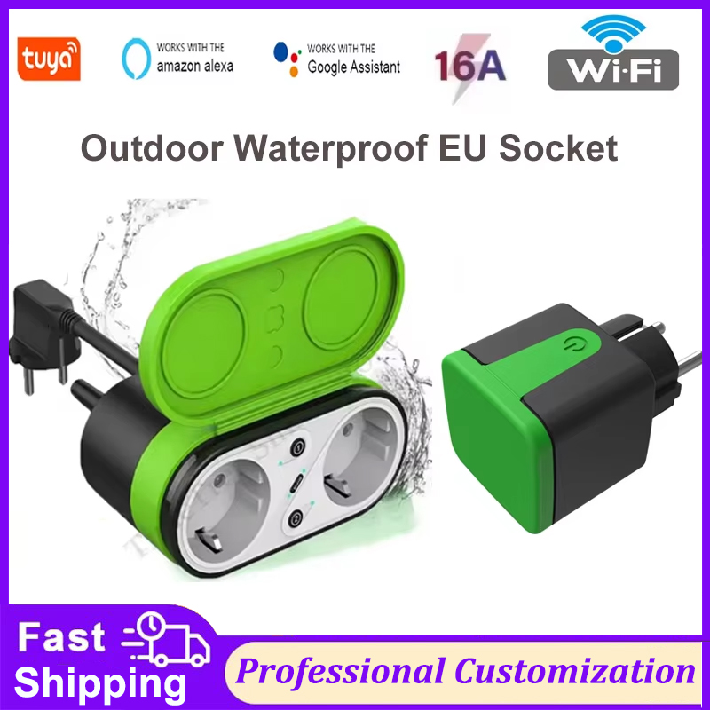 Outdoor Power Plug - Tuya EU 16A Wifiスマート屋外プラグスイッチソケットIP44防水スマートダブルソケットタイマーAPP音声制御 Alexa Google対応