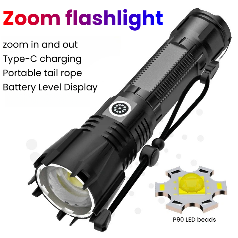 Outdoor Power For Camping - 高出力 P90 LED 懐中電灯 TYPE-C 充電式ズームスポットライト防水トーチ、アウトドアキャンプや狩猟用