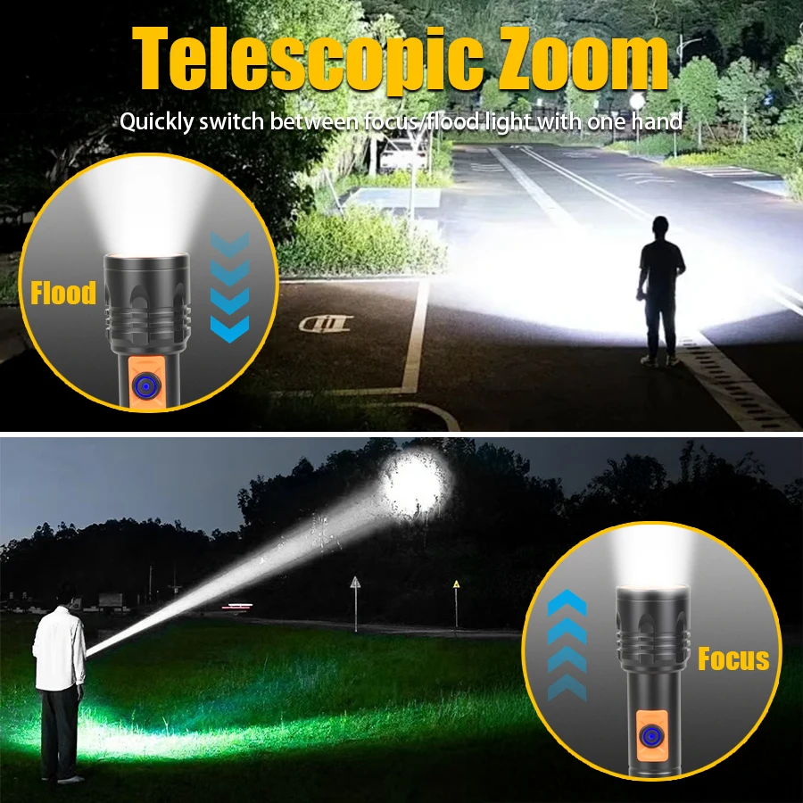 ハイパワー LED 懐中電灯 USB 充電式トーチ、伸縮ズー - Outdoor Power For Camping のレビューと価格